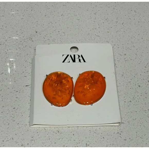 Zara Womens Bloggers Favorite Luxury Oval Stone Metal Earrings Orange Sz 2.5"x2" - Picture 2 of 7